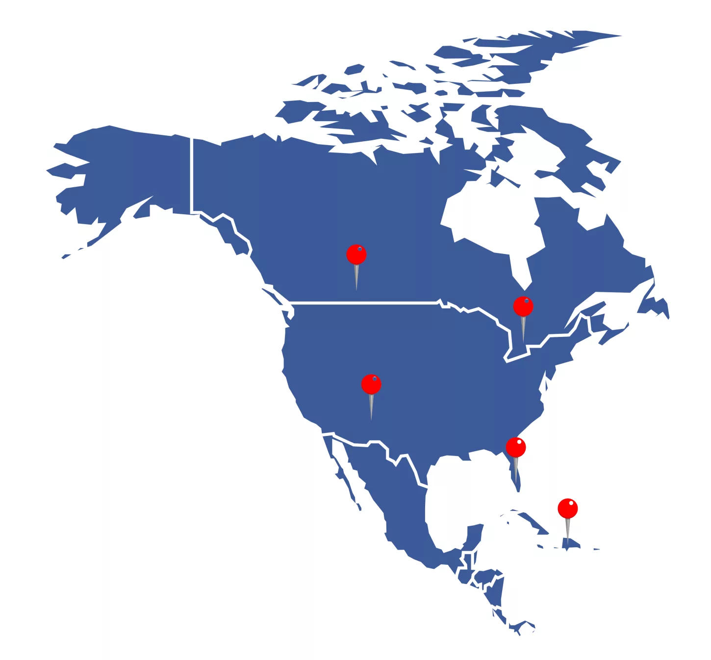 Blue North America map with red location pins marking major airport car rental hubs.