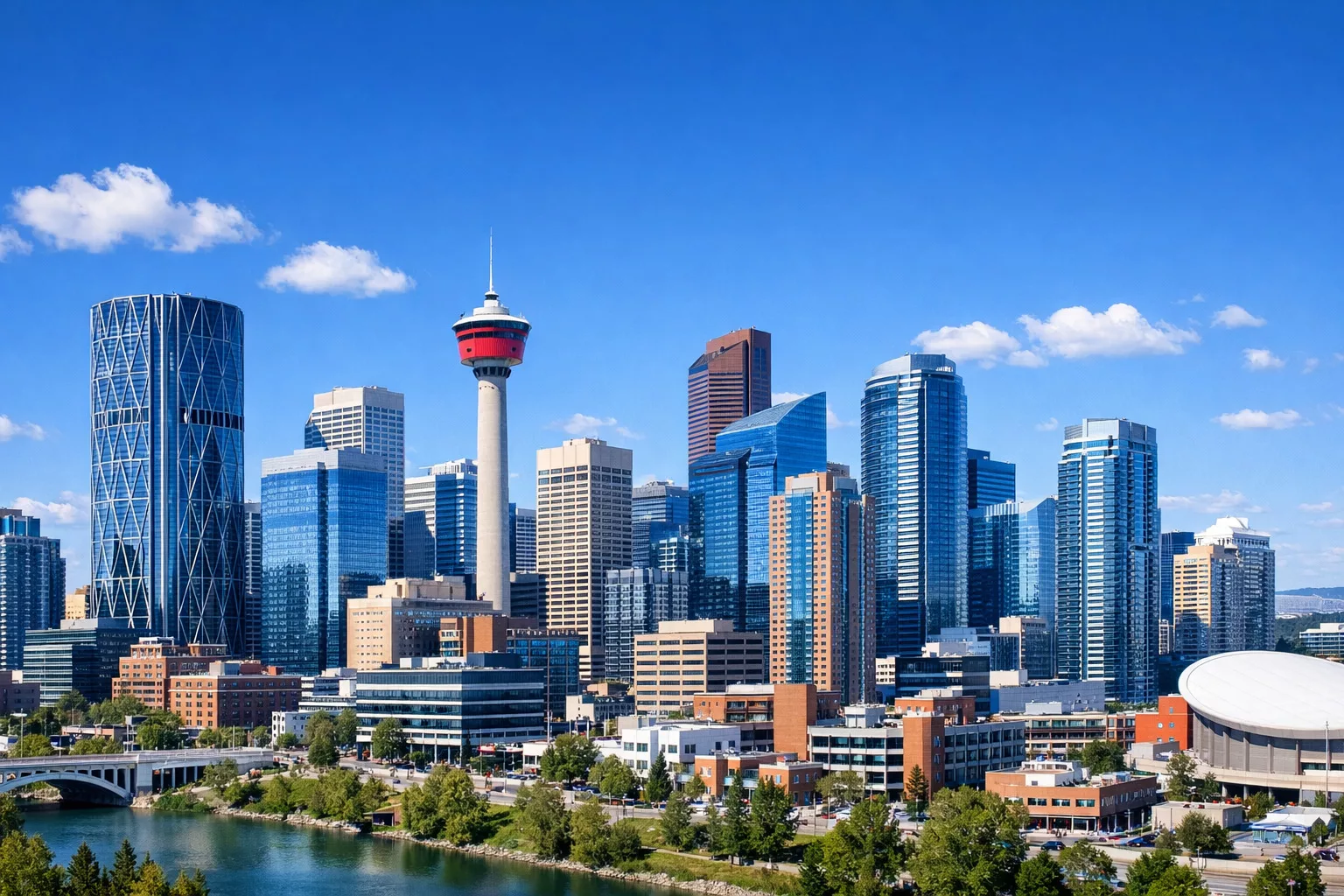 Mississauga Car Rentals — downtown skyline with modern high-rises and a riverfront view.