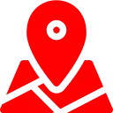 Red map pin above folded map icon on light square background.