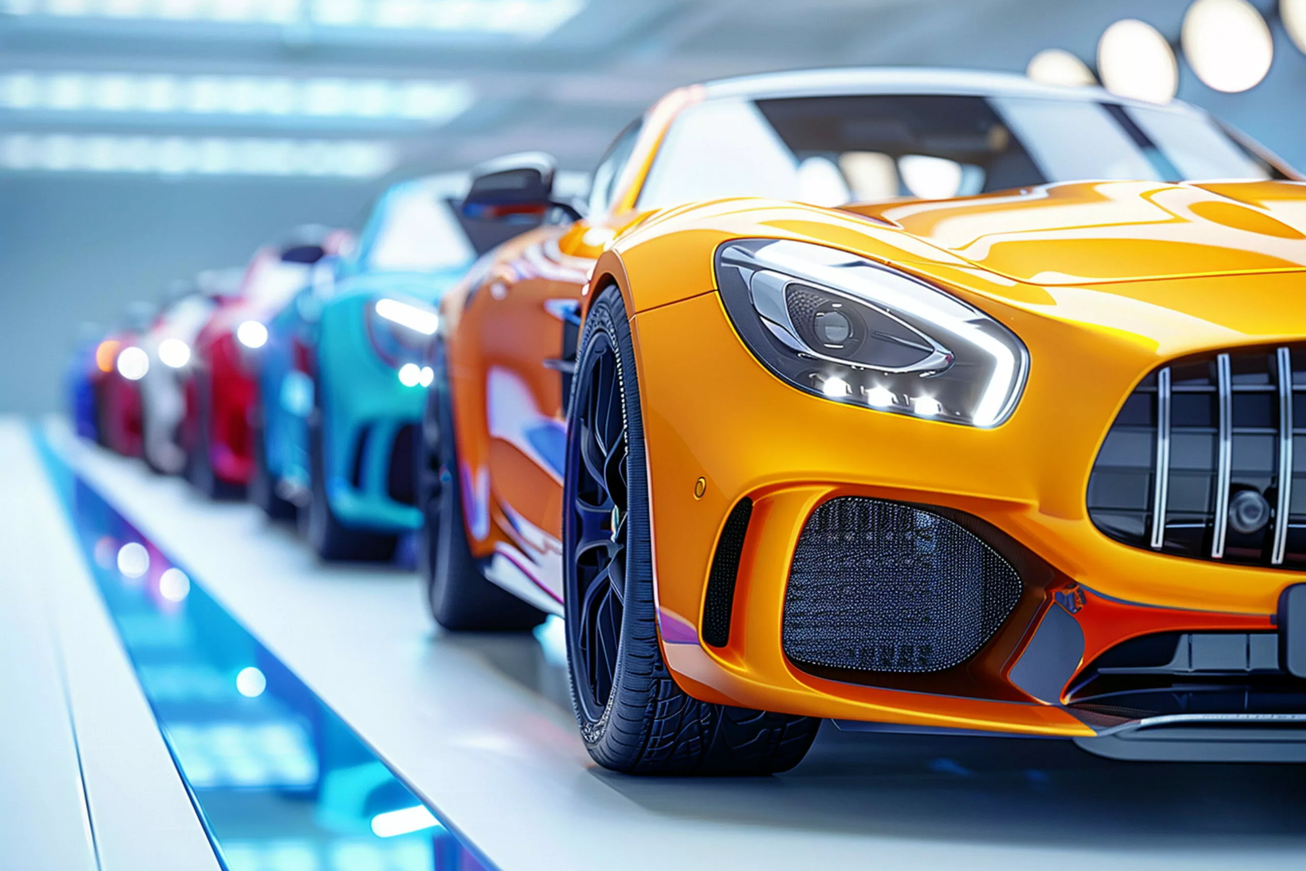 Row of colorful sports cars on display at an indoor auto show, with a yellow car in the foreground