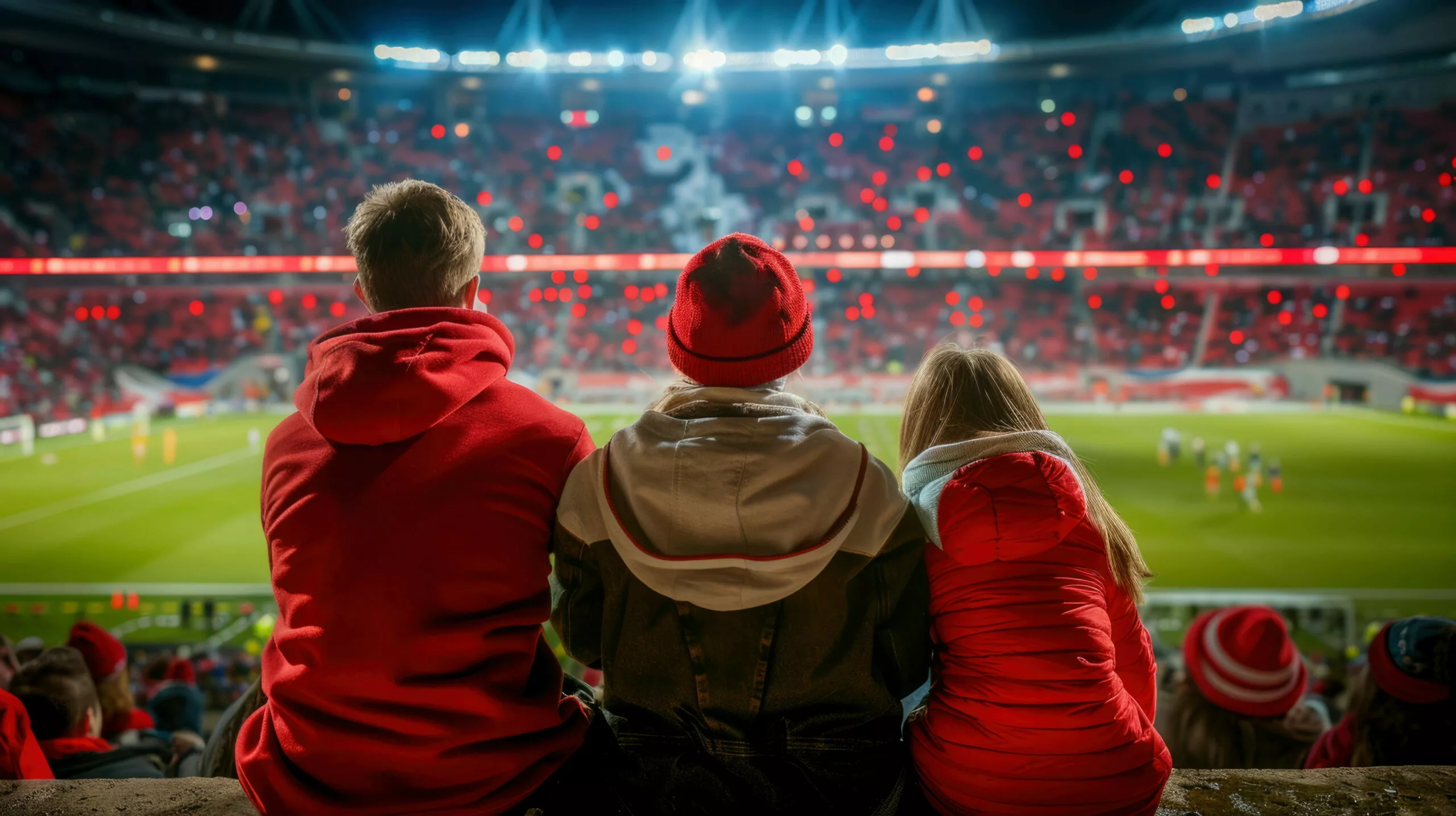 Three people in red hoodies watch a soccer game from the stands under stadium lights.