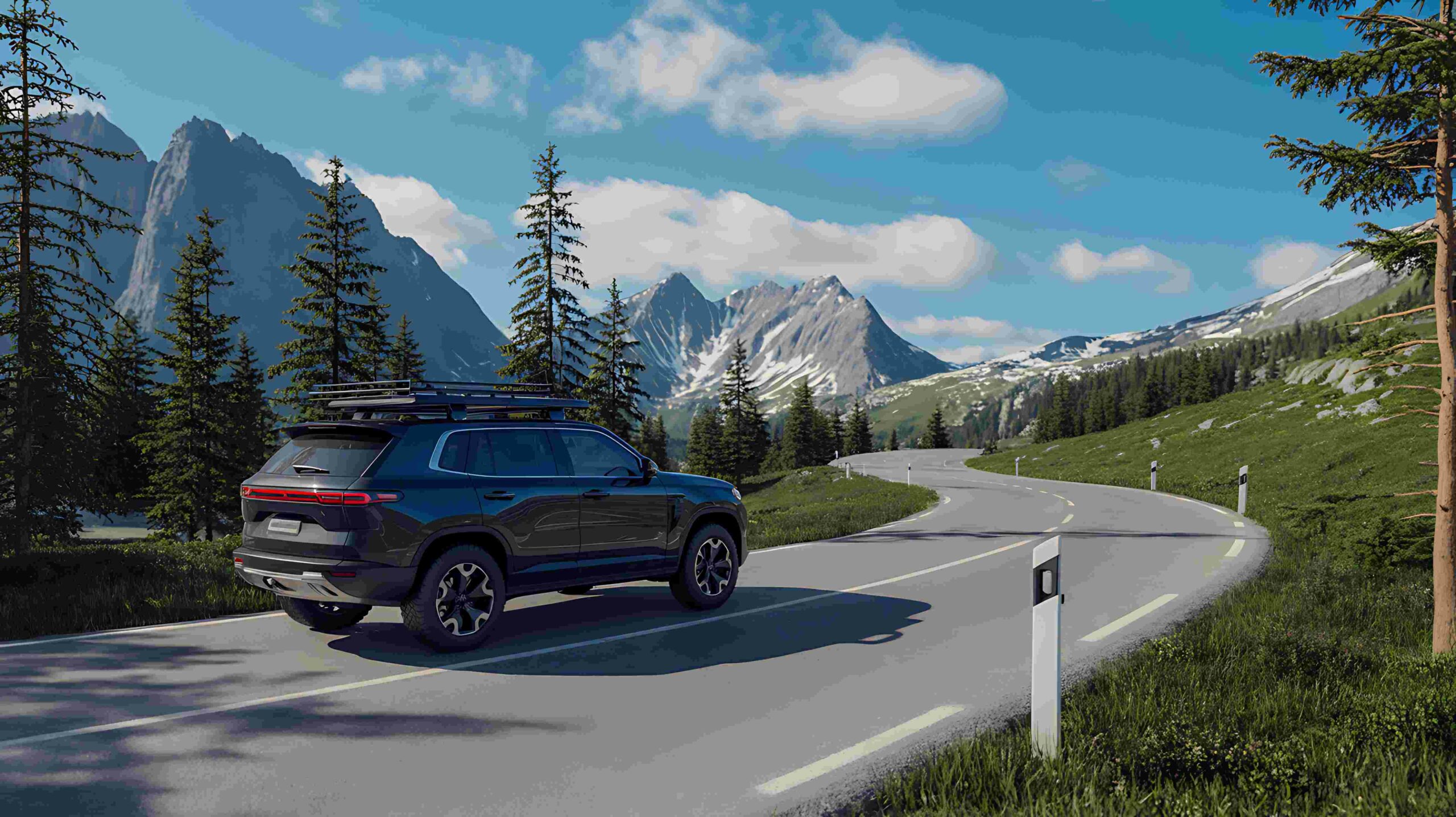 Rental SUV driving through scenic Canadian Rockies highway during a North American road trip adventure 