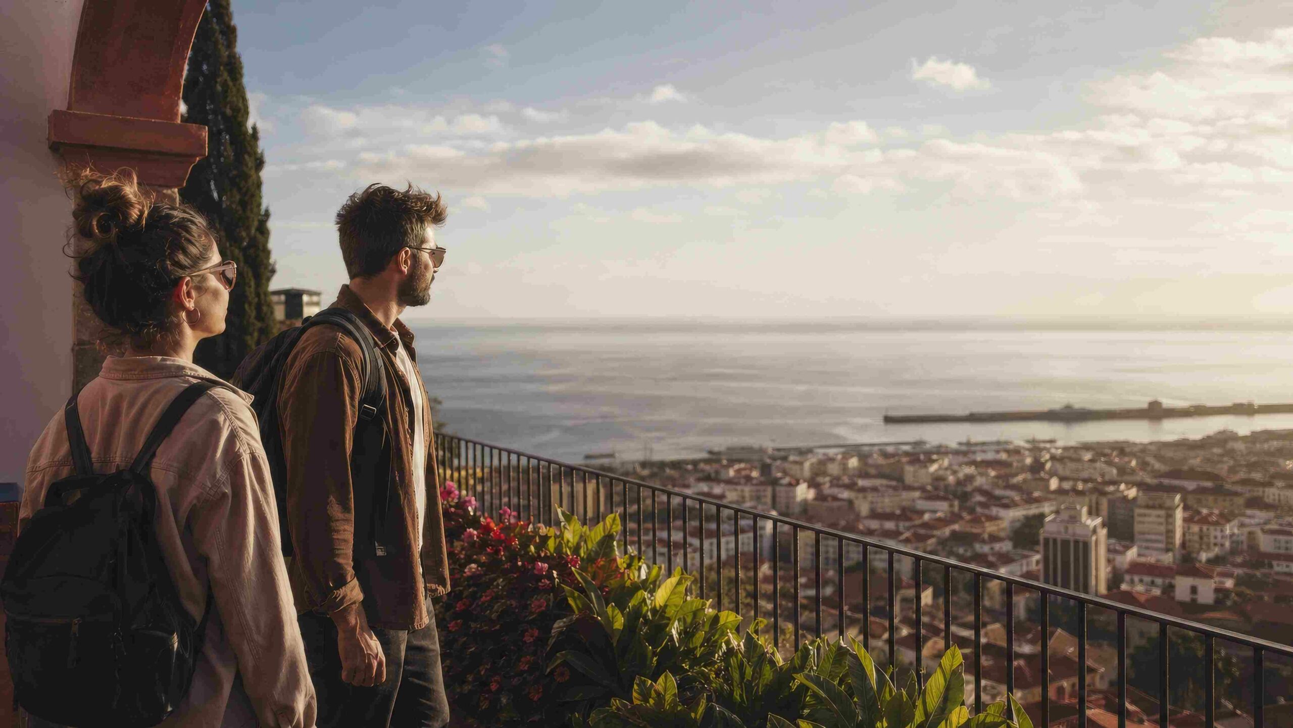 Couple enjoying a scenic sightseeing stop during a relaxing vacation road trip