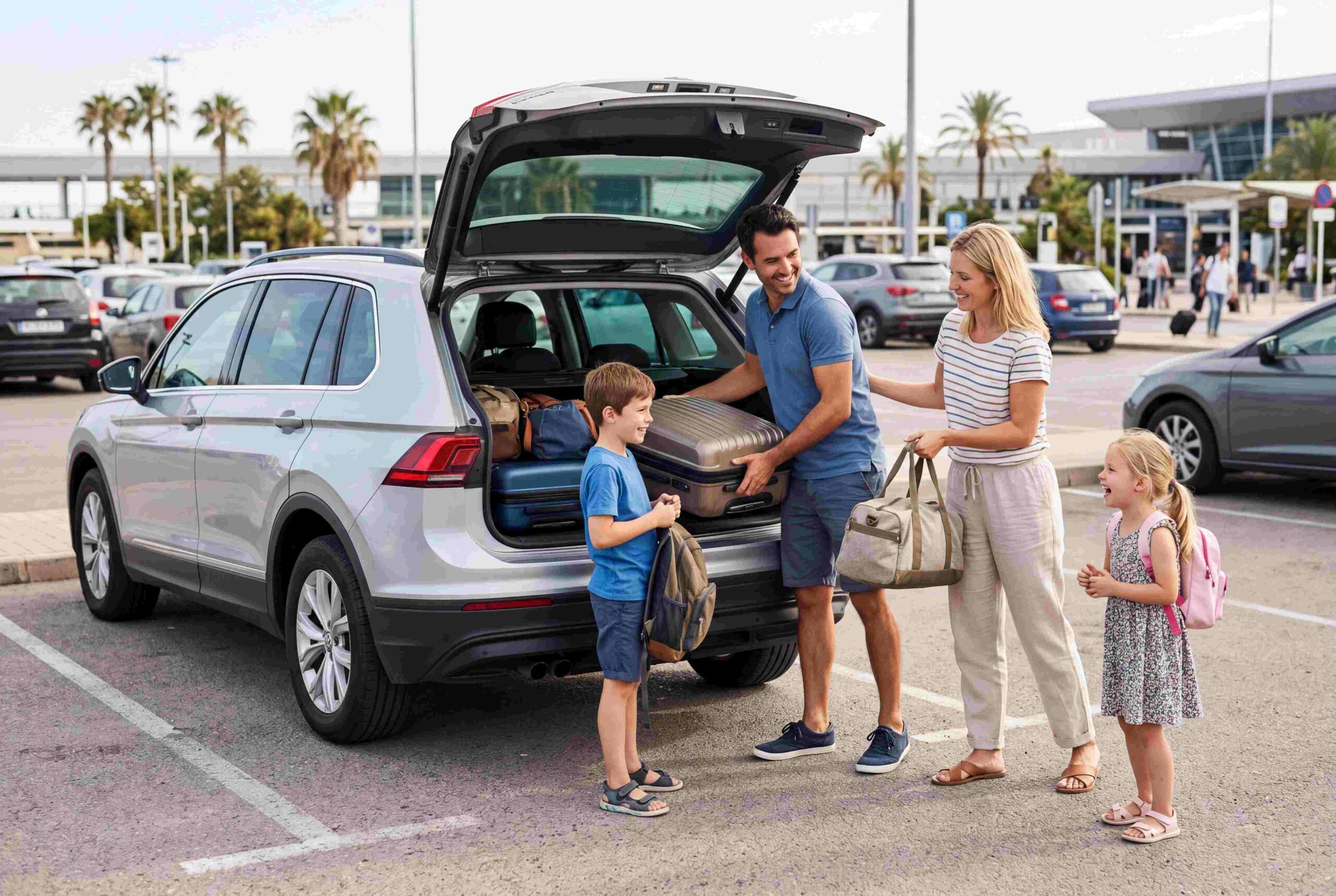 Travelers starting a scenic British Columbia road trip with a rental SUV near Vancouver International Airport