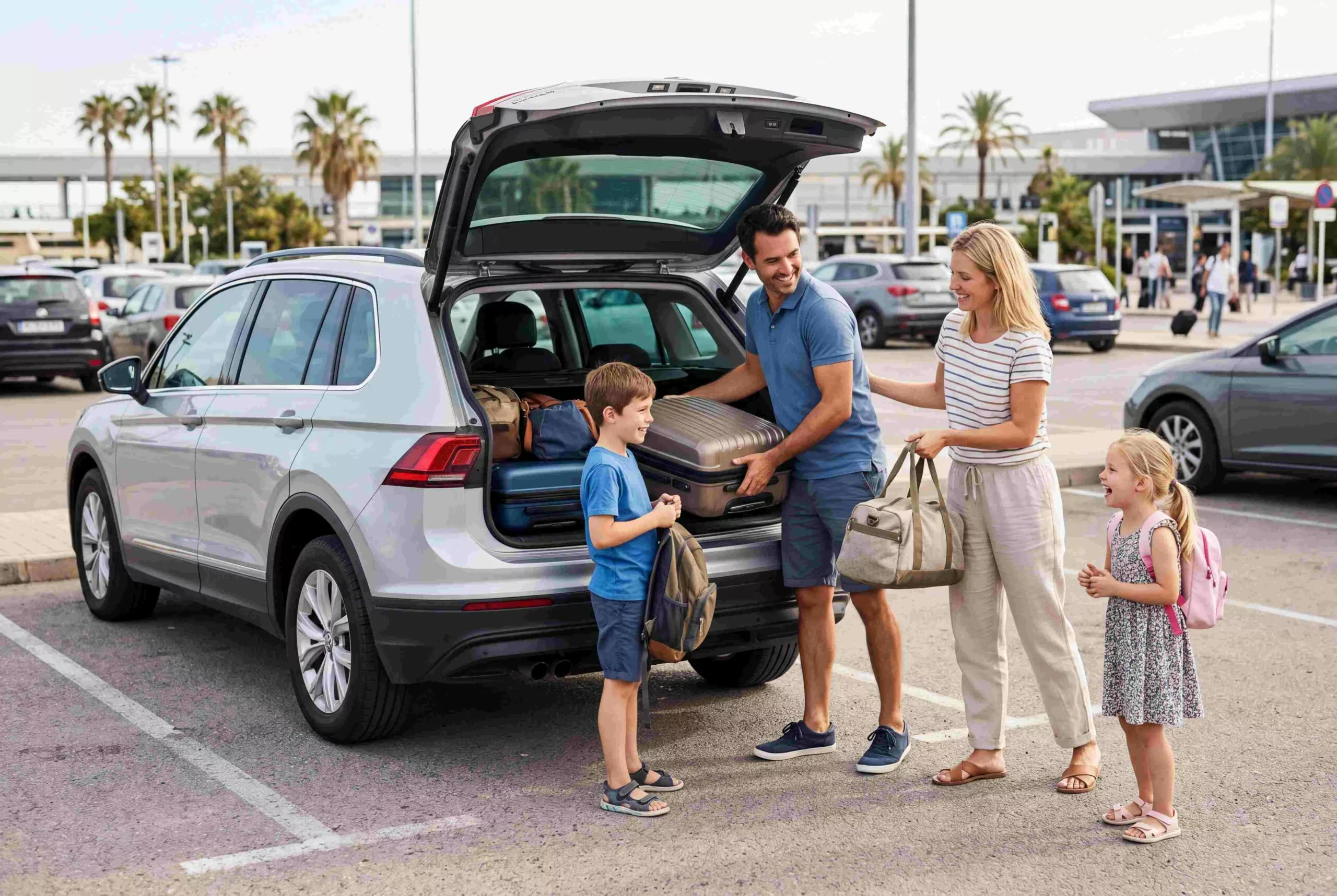 Travelers starting a scenic British Columbia road trip with a rental SUV near Vancouver International Airport