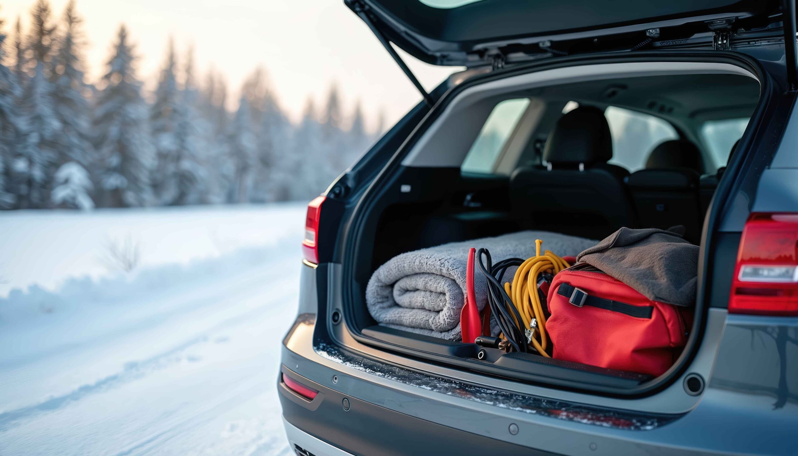 Winter car rental Canada emergency kit including blanket shovel flashlight and booster cables