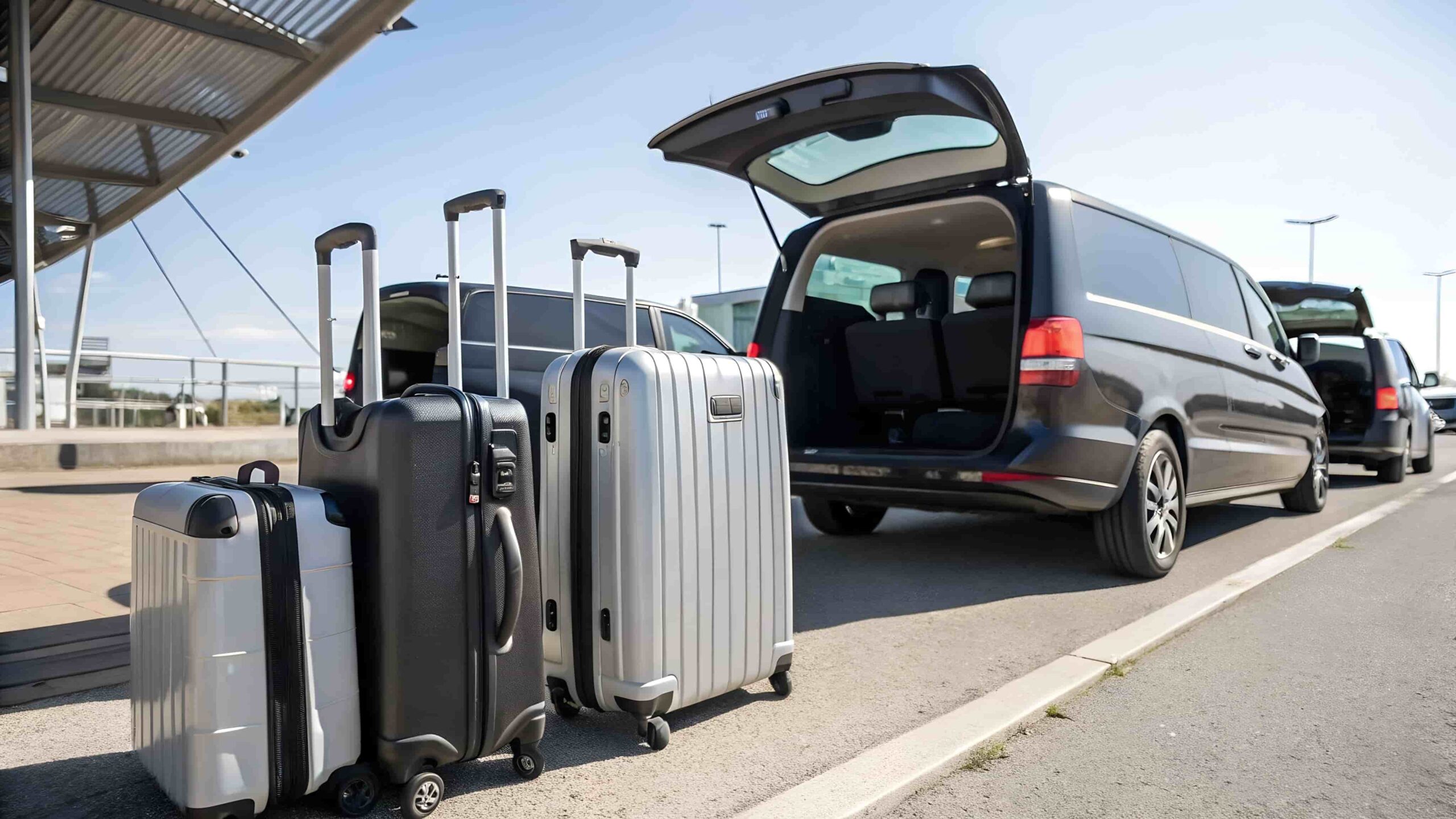 Holiday travelers using an airport shuttle to reach a rental car location