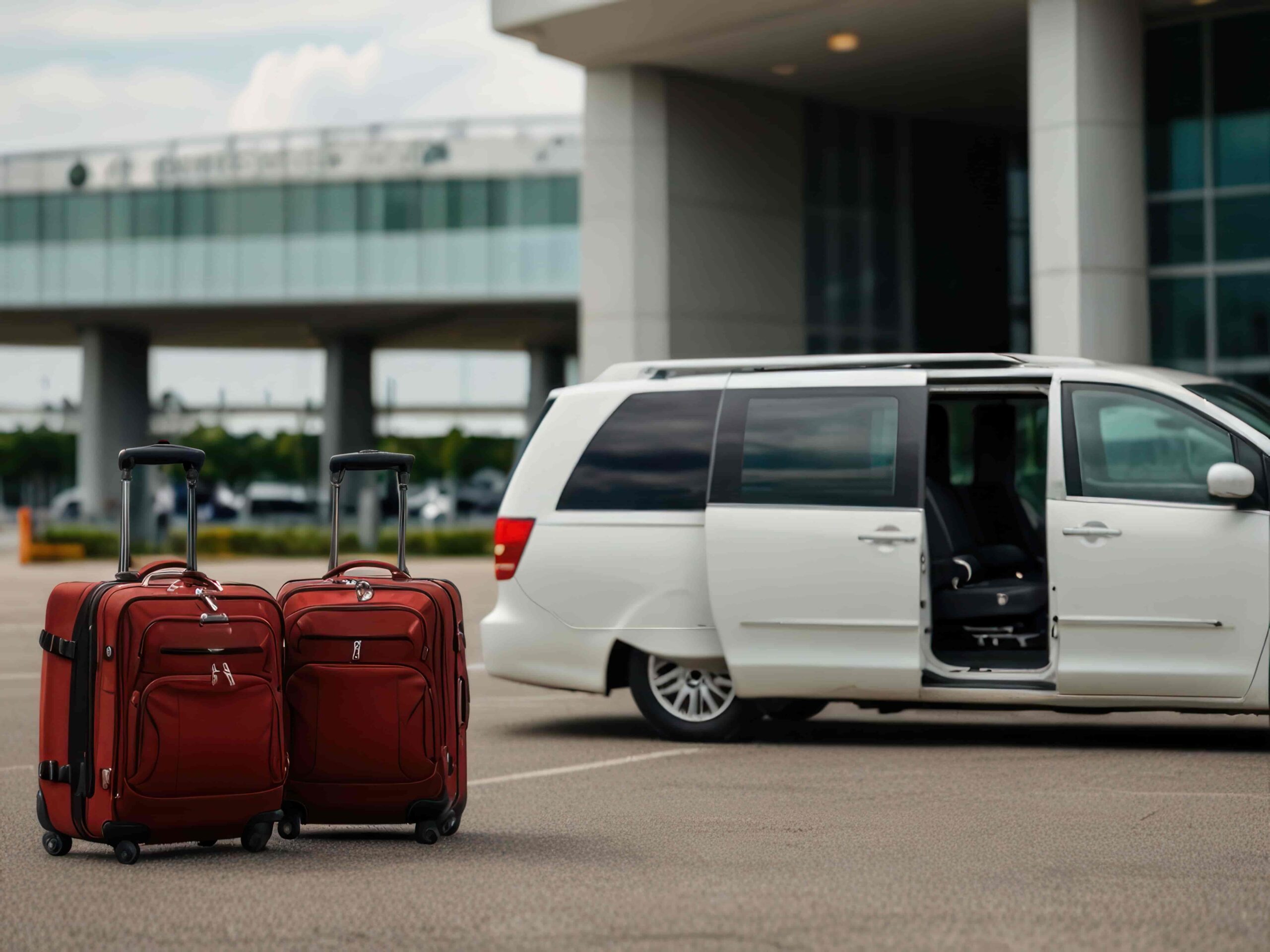 Free airport shuttle transporting travelers from the terminal to an off-airport rental location