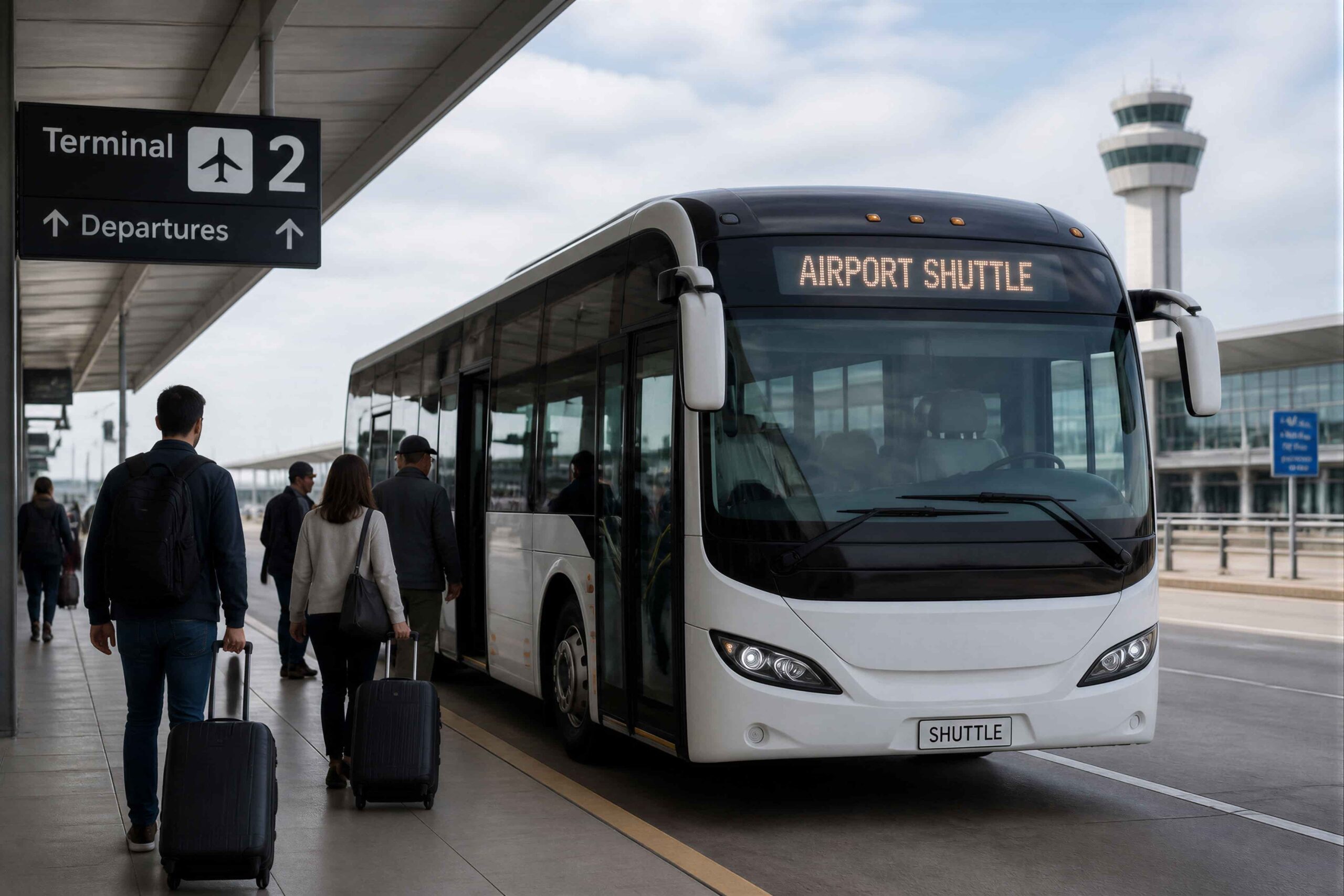 Travelers using a free airport shuttle to save time and transportation costs